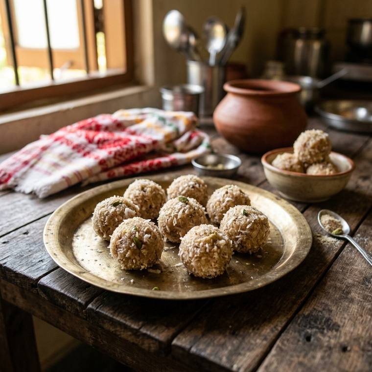 Narikolor Ladoo, a Assam dish, 317 kcal per serving