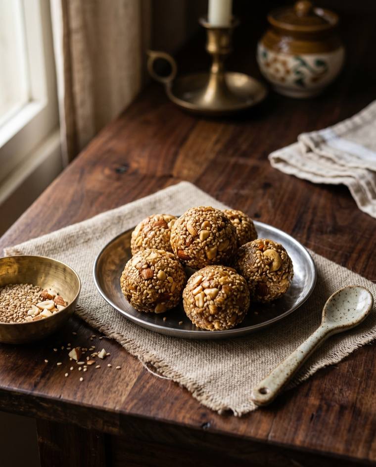 Til Laddu, a Chhattisgarh dish, 200 kcal per serving