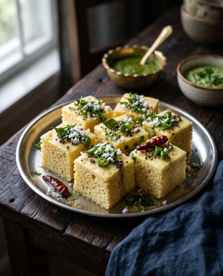 Khaman Dhokla, a Gujarat dish, 216 kcal per serving