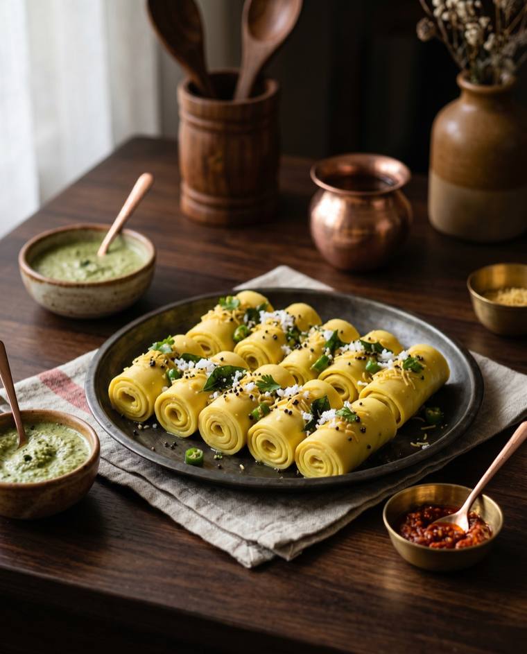 Khandvi, a Gujarat dish, 165 kcal per serving