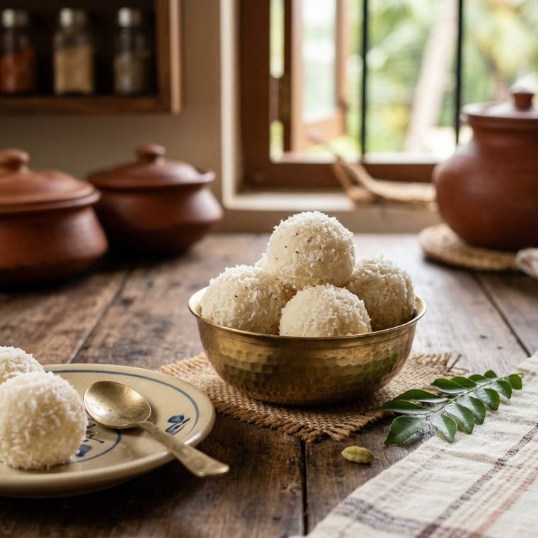 Coconut Ladoo, a Kerala dish, 330 kcal per serving