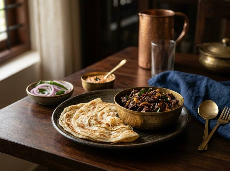 Malabar Parotta with Beef Ularthiyathu, a Kerala dish, 673 kcal per serving