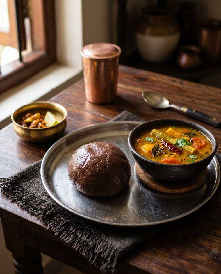 Ragi Mudde, a Karnataka dish, 196 kcal per serving