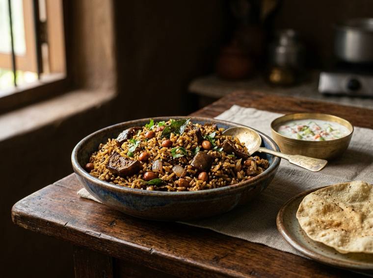 Vangi Bhath, a Karnataka dish, 483 kcal per serving