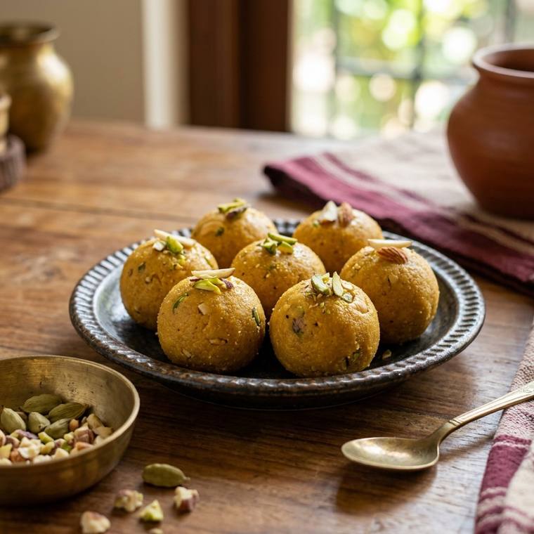 Besan Ladoo, a Maharashtra dish, 335 kcal per serving