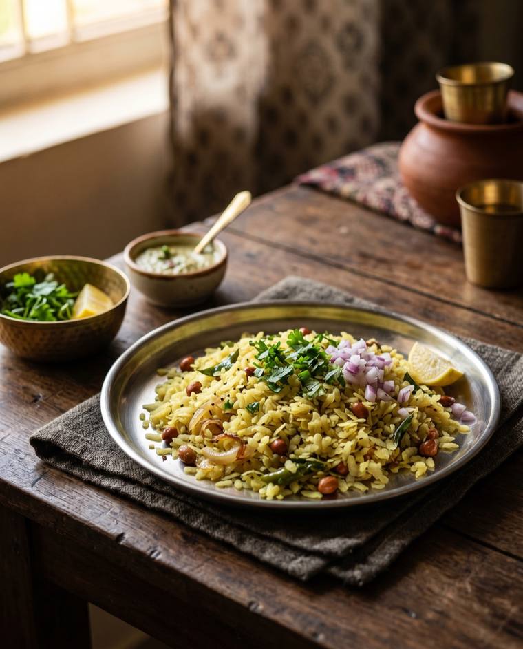 Kanda Poha, a Maharashtra dish, 223 kcal per serving