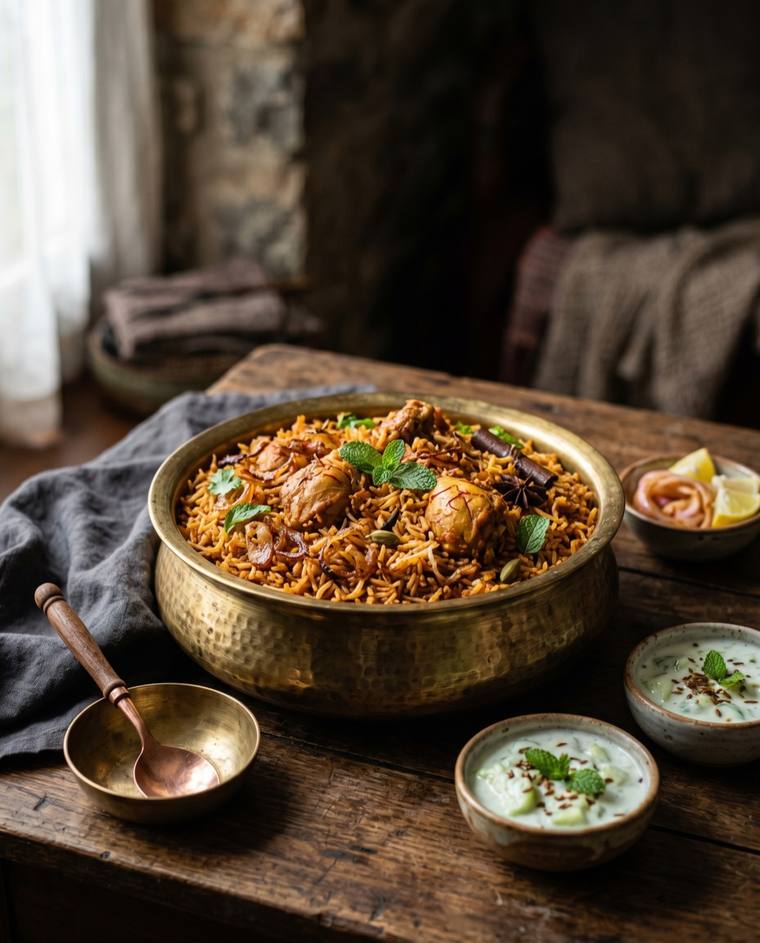 Andhra Chicken Biryani, a Andhra Pradesh dish, 643 kcal per serving