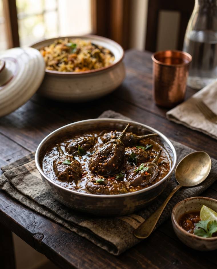 Bagara Baingan, a Telangana dish, 226 kcal per serving