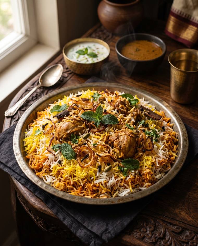 Hyderabadi Chicken Dum Biryani, a Telangana dish, 642 kcal per serving